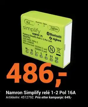 Elektroimportøren Namron Simplify relé 1-2 Pol 16A, NOK 486 tilbud