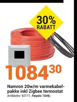 Elektroimportøren Namron 20w/m varmekabelpakke inkl Zigbee termostat, NOK 1084.3 tilbud