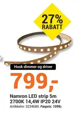Elektroimportøren Namron LED strip 5m 2700K 14,4W IP20 24V, NOK 799 tilbud