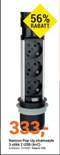 Elektroimportøren Namron Pop-Up strømsøyle 3 stikk 2 USB (A+C), NOK 333 tilbud