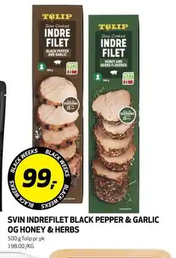 Bunnpris SVIN INDREFILET BLACK PEPPER & GARLIC OG HONEY & HERBS, NOK 99 tilbud