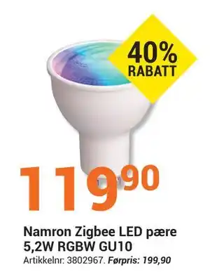 Elektroimportøren Namron Zigbee LED pære 5,2W RGBW GU10, NOK 119.9 tilbud