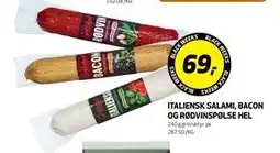 Bunnpris ITALIENSK SALAMI, BACON OG RØDVINSPØLSE HEL, NOK 69 tilbud