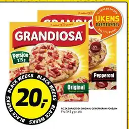 Bunnpris PIZZA GRANDIOSA ORIGINAL OG PEPPERONI PORSJON., NOK 20 tilbud