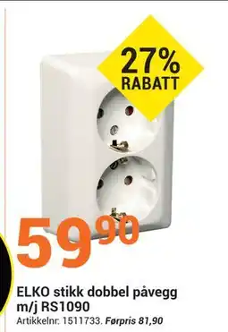 Elektroimportøren ELKO stikk dobbel påvegg m/j RS1090, NOK 59.9 tilbud