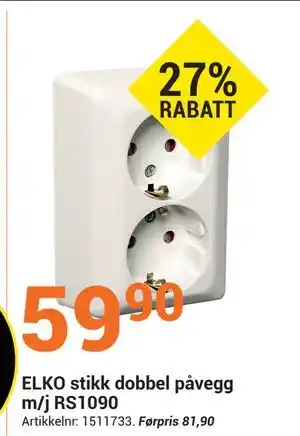 Elektroimportøren ELKO stikk dobbel påvegg m/j RS1090, NOK 59.9 tilbud