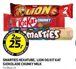 Bunnpris SMARTIES HEXATUBE, LION OG KIT KAT SJOKOLADE CHUNKY MILK, NOK 25 tilbud