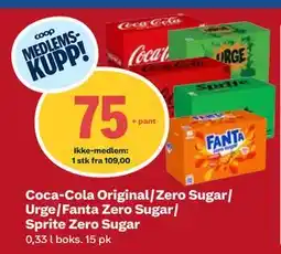 Coop Obs Coca-Cola Original/Zero Sugar/ Urge/Fanta Zero Sugar/ Sprite Zero Sugar, Medlemspris tilbud