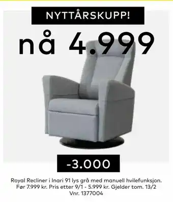 Skeidar Royal Recliner i Inari 91 lys grå med manuell hvilefunksjon tilbud