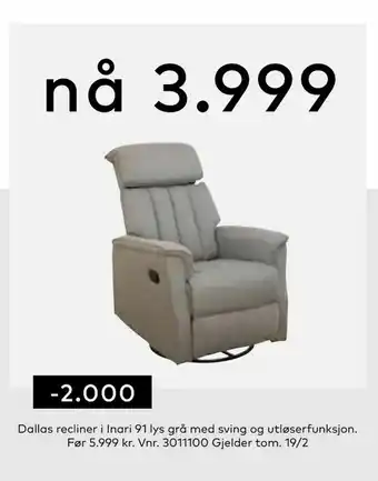 Skeidar Dallas recliner i Inari 91 lys grå med sving og utløserfunksjon tilbud