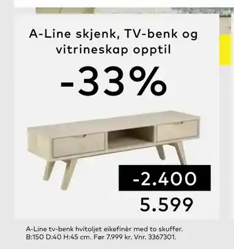 Skeidar A-Line tv-benk hvitoljet eikefinèr med to skuffer tilbud