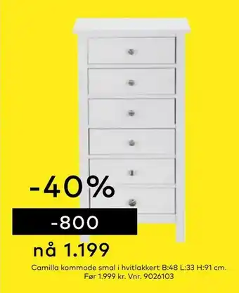Skeidar Camilla kommode smal i hvitlakkert B:48 L:33 H:91 cm tilbud