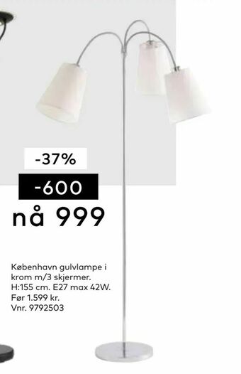 Skeidar København gulvlampe i krom m/3 skjermer tilbud