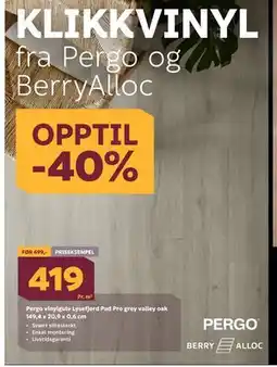 Megaflis Pergo vinylgulv Lysefjord Pad Pro grey valley oak 149,4 x 20,9 x 0,6 cm, NOK 419 tilbud