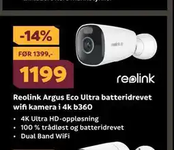 Megaflis Reolink Argus Eco Ultra batteridrevet wifi kamera i 4k b360, NOK 1199 tilbud