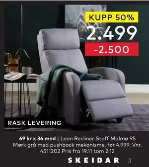 Skeidar Leon Recliner, NOK 2499 tilbud