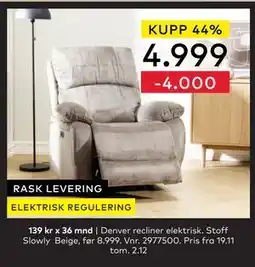 Skeidar Denver recliner elektrisk., NOK 4999 tilbud