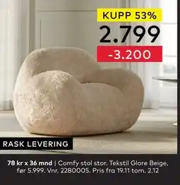 Skeidar Comfy stol stor., NOK 2799 tilbud