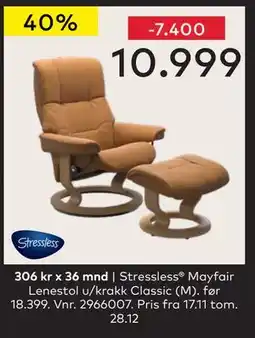 Skeidar Stressless Mayfair Lenestol u/krakk Classic (M), NOK 10999 tilbud