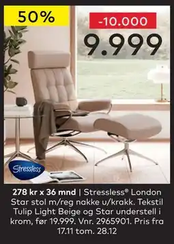 Skeidar Stressless London Star stol m/reg nakke u/krakk, NOK 9999 tilbud