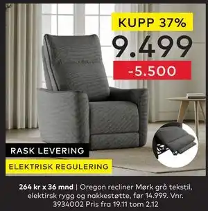 Skeidar Oregon recliner, NOK 9499 tilbud