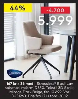 Skeidar Stressless Basil Lav spisestol m/arm D350, NOK 5999 tilbud