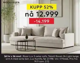 Skeidar Rossi Lux 3-seter sofa, NOK 12999 tilbud