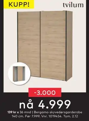 Skeidar Bergamo skyvedørsgarderobe, NOK 4999 tilbud
