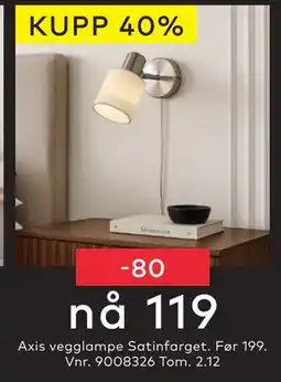 Skeidar Axis vegglampe Satinfarget, NOK 119 tilbud
