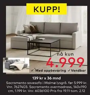 Skeidar Sacramento sovesofa, NOK 4999 tilbud
