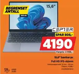 POWER 15,6 bærbar pc, NOK 4190 tilbud