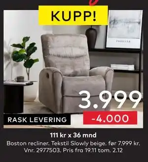 Skeidar Boston recliner, NOK 3999 tilbud