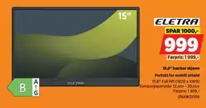 POWER 15,6 bærbar skjerm, NOK 999 tilbud