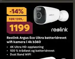 Megaflis Reolink Argus Eco Ultra batteridrevet wifi kamera i 4k b360, NOK 1199 tilbud
