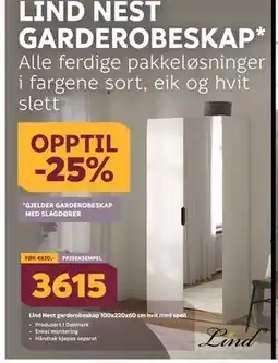 Megaflis Lind Nest garderobeskap 100x220x60 cm hvit med speil, NOK 3615 tilbud