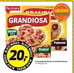 Bunnpris PIZZA GRANDIOSA ORIGINAL OG PEPPERONI PORSJON, NOK 20 tilbud
