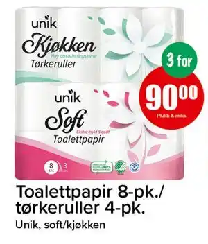 Toalettpapir 8-pk./tørkeruller 4-pk., NOK 90