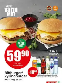 Spar Biffburger/ kyllingburger, NOK 59.9 tilbud