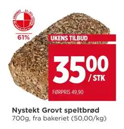 Meny Nystekt Grovt speltbrød, NOK 35 tilbud