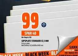 Obs Bygg GIPSPLATE STANDARD 12,5 MM, NOK 99 tilbud