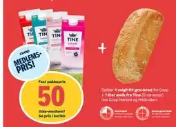 Matkroken 1 valgfritt grovbrød fra Coop + 1 liter melk fra Tine, Medlemspris tilbud