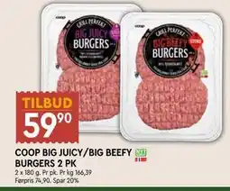 Coop Mega COOP BIG JUICY/BIG BEEFY BURGERS 2 PK, NOK 59.9 tilbud