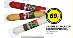 Bunnpris ITALIENSK SALAMI, BACON OG RØDVINSPØLSE HEL, NOK 69 tilbud