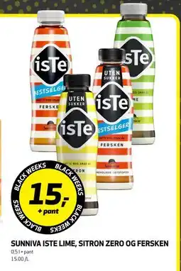 Bunnpris SUNNIVA ISTE LIME, SITRON ZERO OG FERSKEN, NOK 15 tilbud