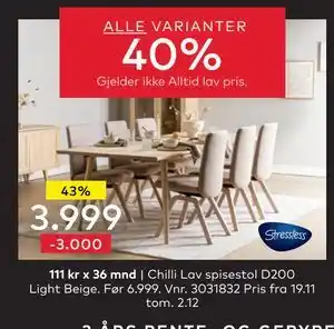 Chilli Lav spisestol D200 Light Beige, NOK 3999