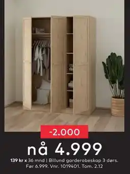 Skeidar Billund garderobeskap 3 dørs, NOK 4999 tilbud