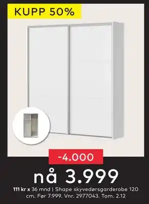 Skeidar Shape skyvedørsgarderobe 120 cm, NOK 3999 tilbud