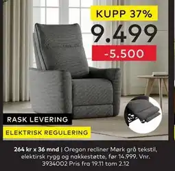 Skeidar Oregon recliner Mørk grå tekstil, NOK 9499 tilbud