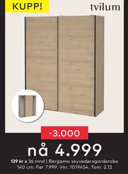 Skeidar Bergamo skyvedørsgarderobe 140 cm, NOK 4999 tilbud