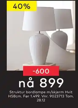 Skeidar Struktur bordlampe m/skjerm, NOK 899 tilbud